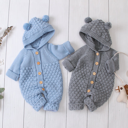 Bear-Ear Knitted Hooded Baby Jumpsuit