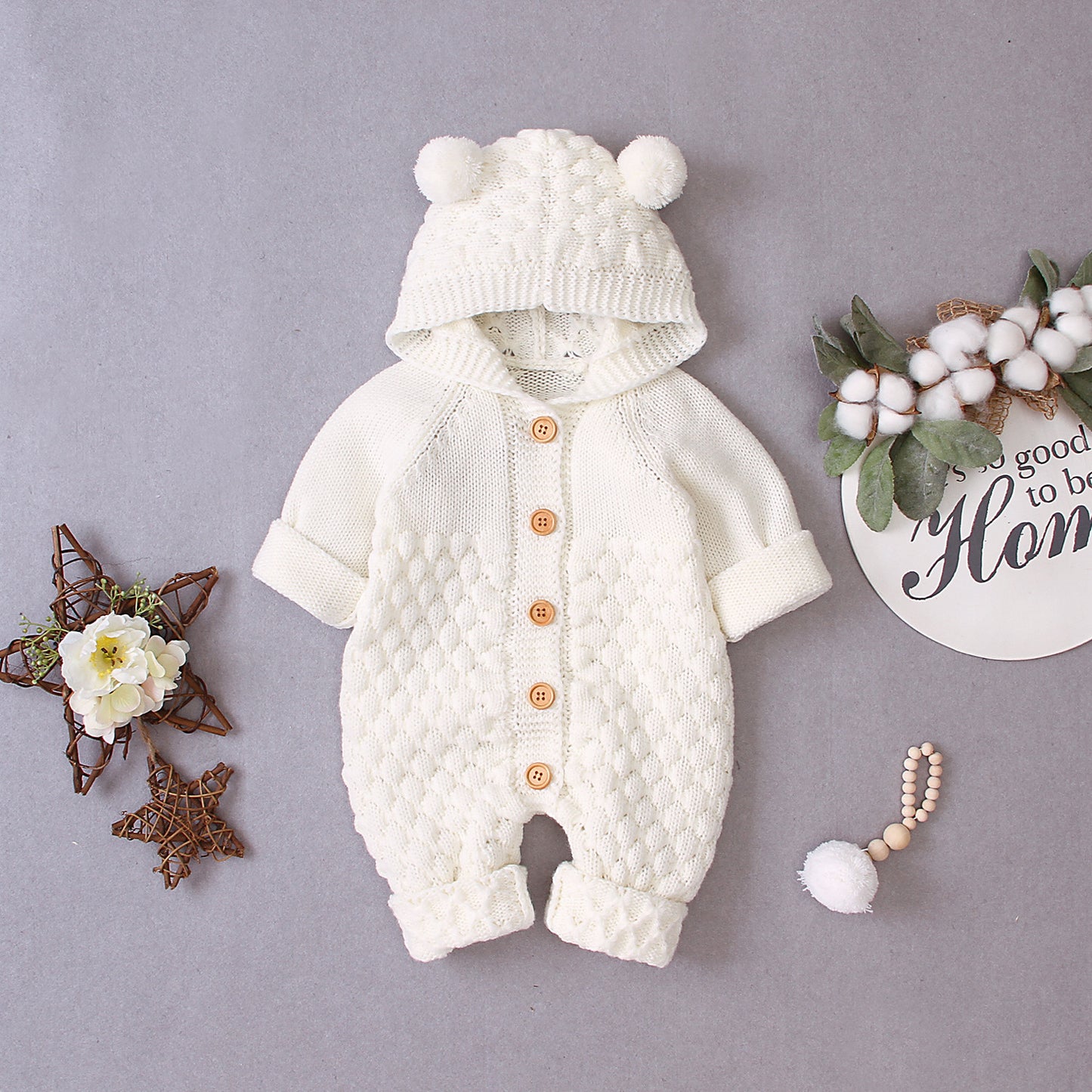 Bear-Ear Knitted Hooded Baby Jumpsuit