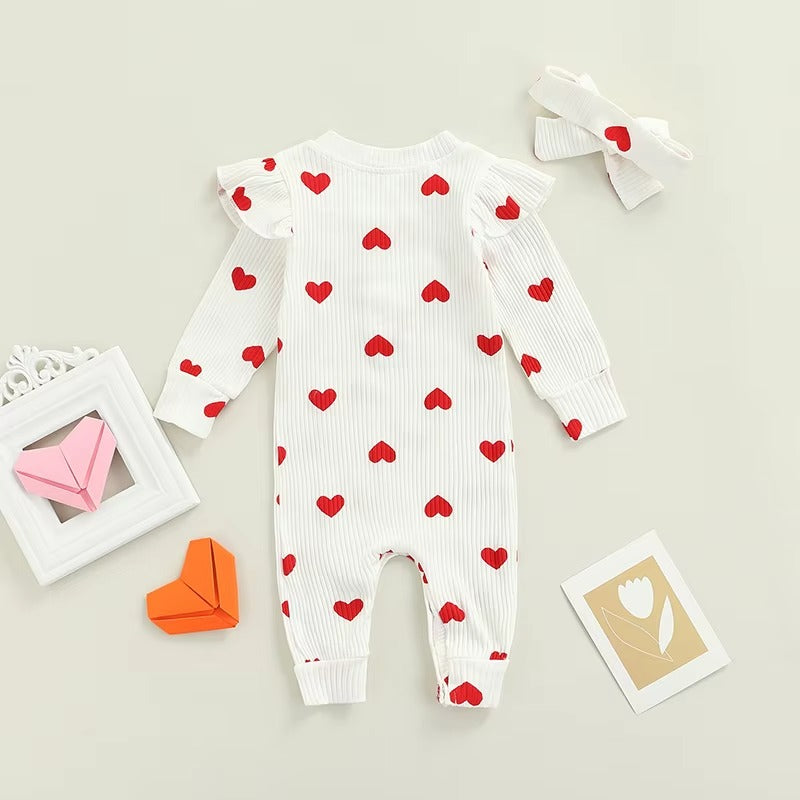 Baby Heart Romper Outfit – Soft Long Sleeve One-Piece with Matching Headband
