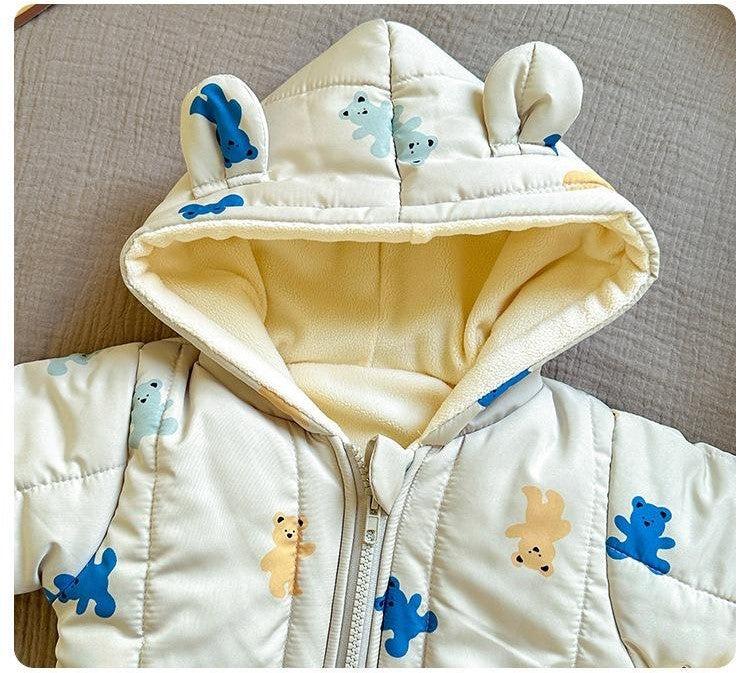 Baby Winter Quilted Romper – Thickened Hooded Jumpsuit with Bear Print