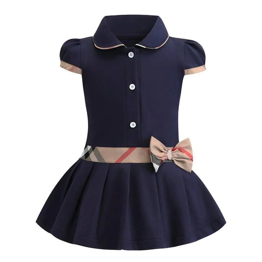 Classic Bow Collar Dress Navy Blue