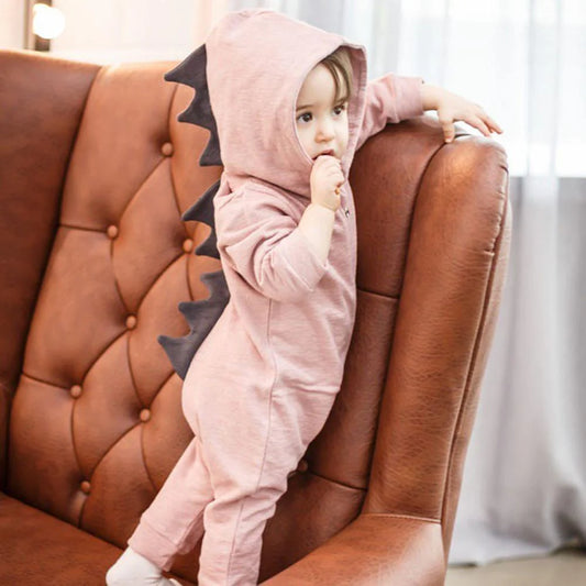 Baby Dinosaur Hooded Jumpsuit – Long Sleeve Romper with Dinosaur Spikes