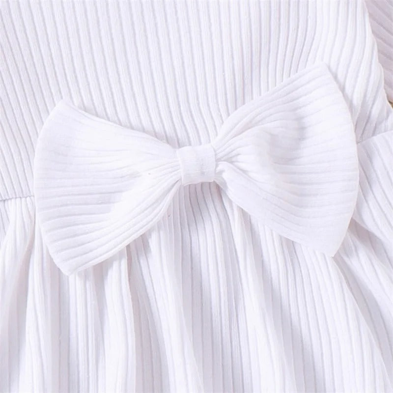 Ribbed Long Sleeve Baby Dress Jumpsuit with Bow & Headband