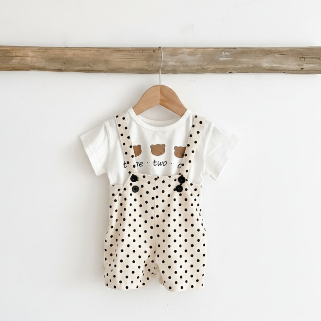 Suspender Pants & Bear Print Top - Two-piece set