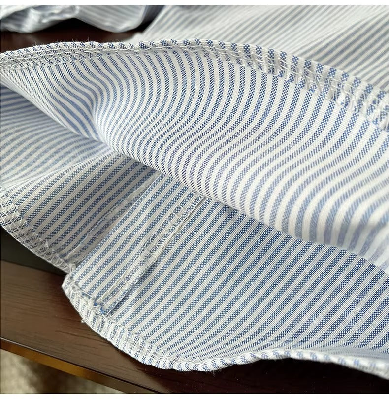 Boys Striped Button Down Shirt with Cartoon Dog Pocket