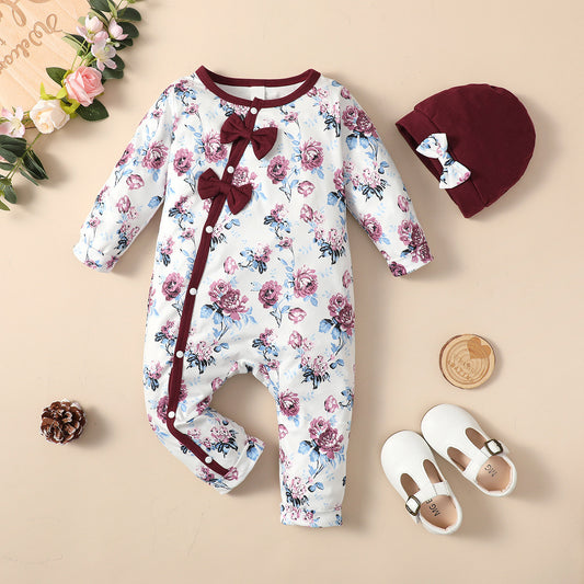 Baby Girl Floral Cotton Jumpsuit with Bows