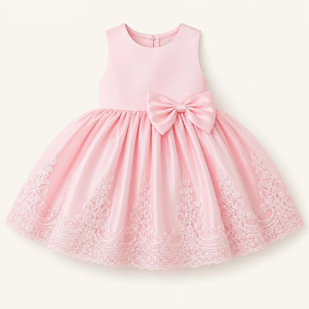 Girls 3D Floral Lace Party Dress with Button Back