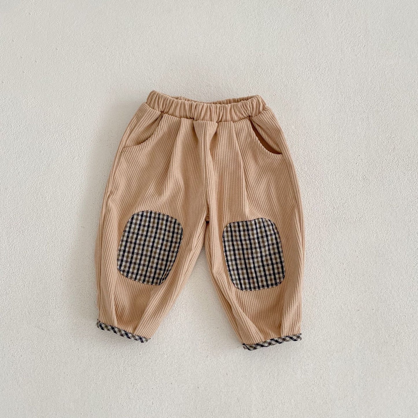 Baby Corduroy Pants – Cotton Trousers with Plaid Patch Detail