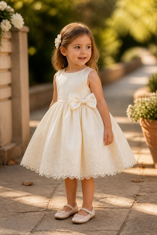 Girls 3D Floral Lace Party Dress with Button Back