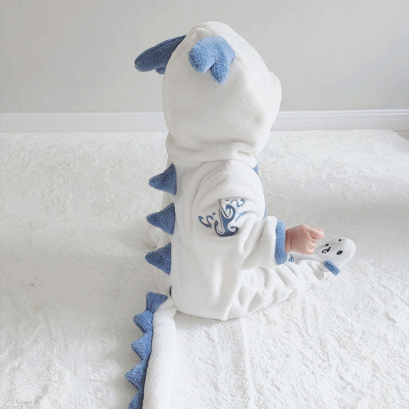 Plush Baby Dinosaur Flannel Onesie – Hooded Jumpsuit with Tail & Antlers
