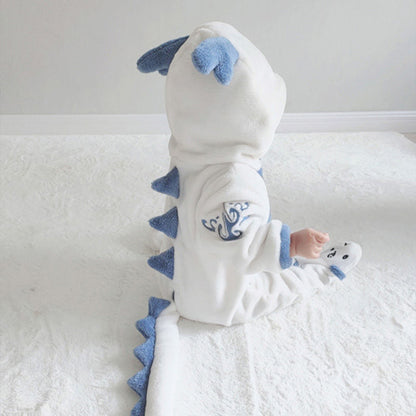 Plush Baby Dinosaur Flannel Onesie – Hooded Jumpsuit with Tail & Antlers