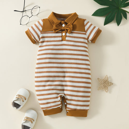 Baby Boy Waffle Knit Striped Romper with Bowtie
