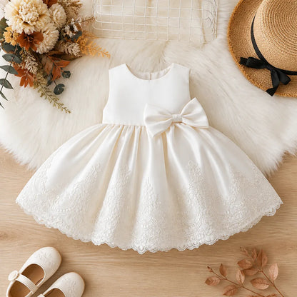 Girls 3D Floral Lace Party Dress with Button Back
