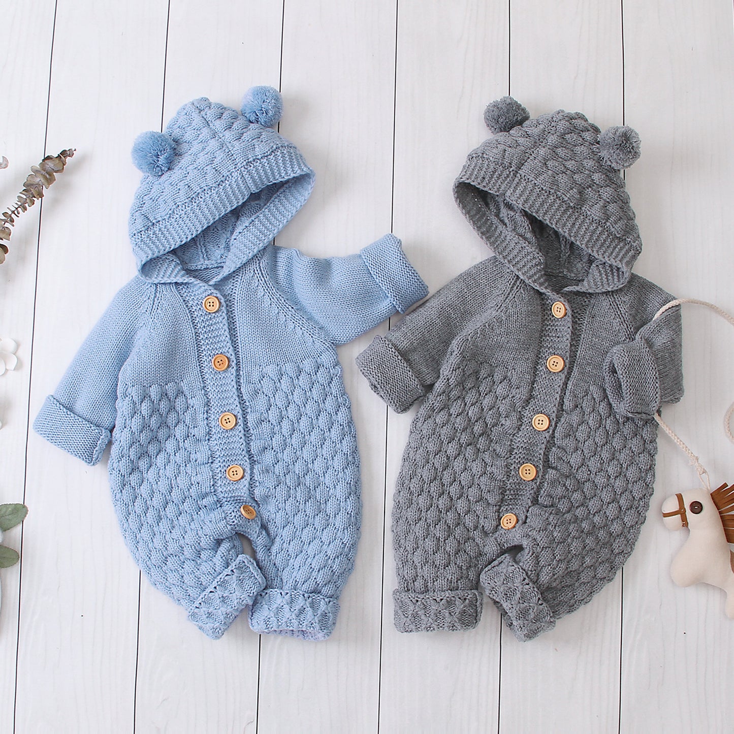 Bear-Ear Knitted Hooded Baby Jumpsuit