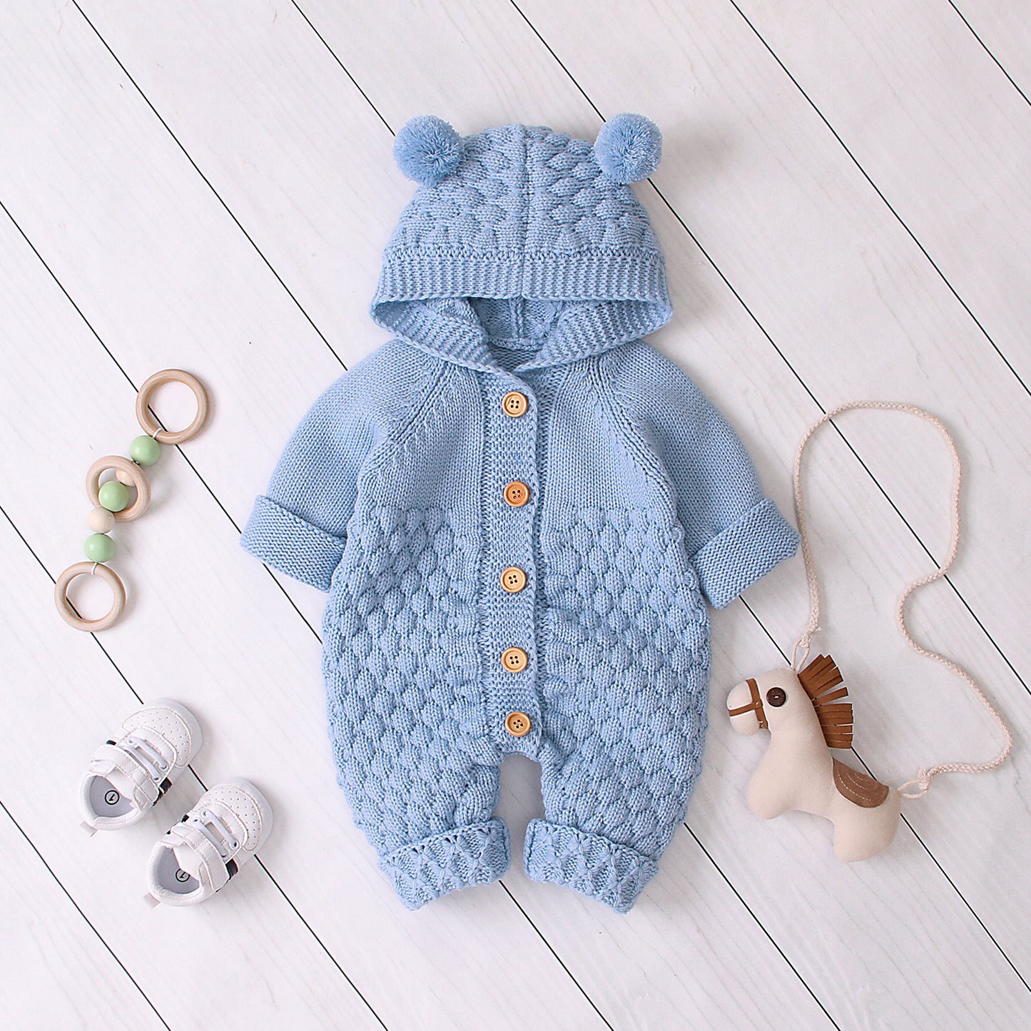 Bear-Ear Knitted Hooded Baby Jumpsuit