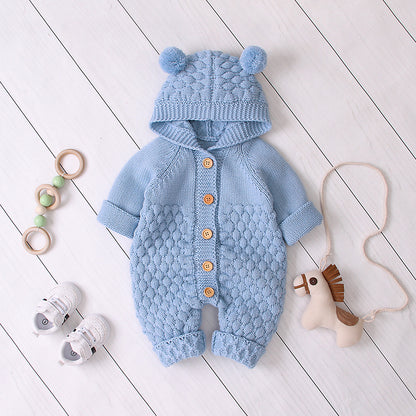Bear-Ear Knitted Hooded Baby Jumpsuit
