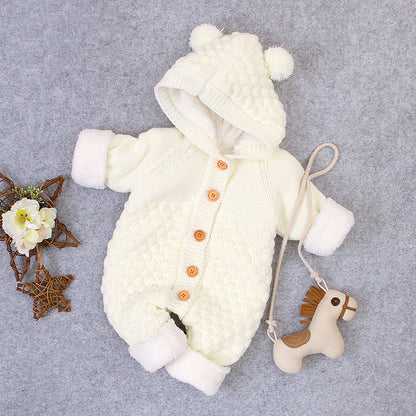 Knitted Baby Romper with Bear Ears - Sherpa-lined