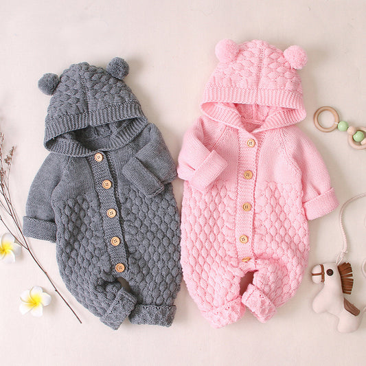 Knitted Baby Romper with Bear Ears - Sherpa-lined