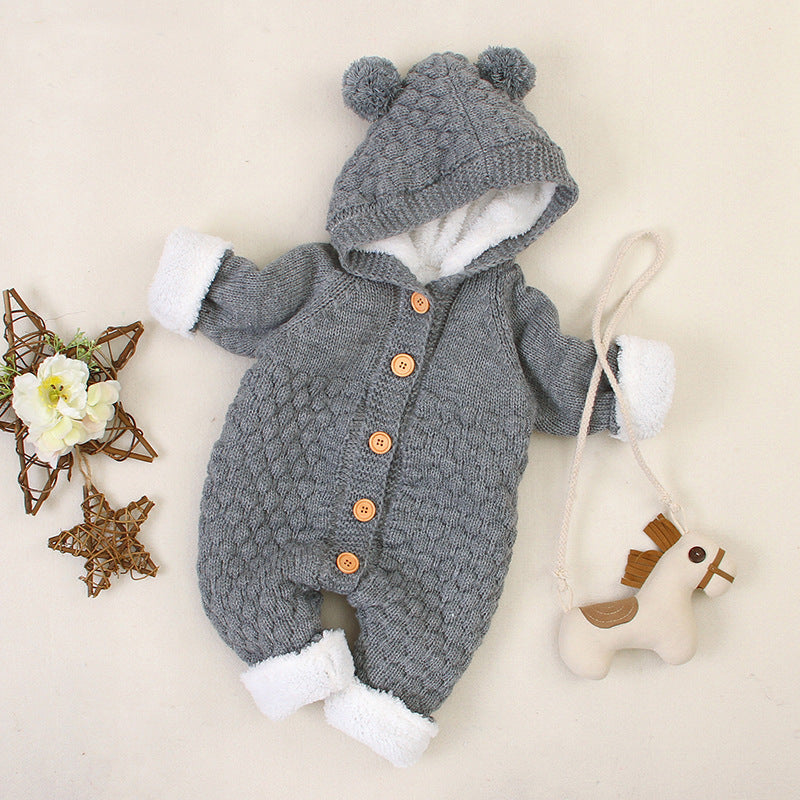 Knitted Baby Romper with Bear Ears - Sherpa-lined