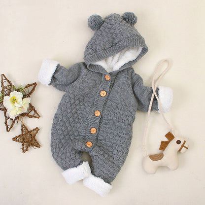 Knitted Baby Romper with Bear Ears - Sherpa-lined