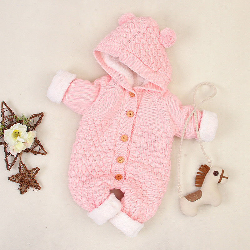 Knitted Baby Romper with Bear Ears - Sherpa-lined