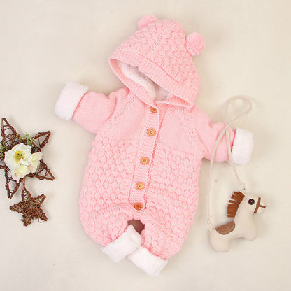 Knitted Baby Romper with Bear Ears - Sherpa-lined
