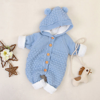 Knitted Baby Romper with Bear Ears - Sherpa-lined