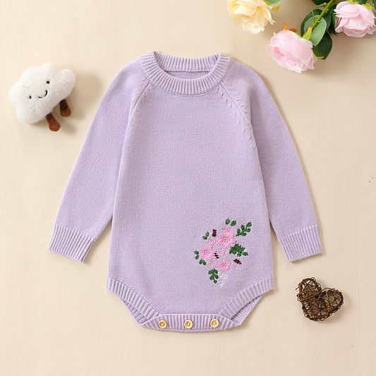 Autumn Embroidered Lavender Long‑Sleeve Romper
