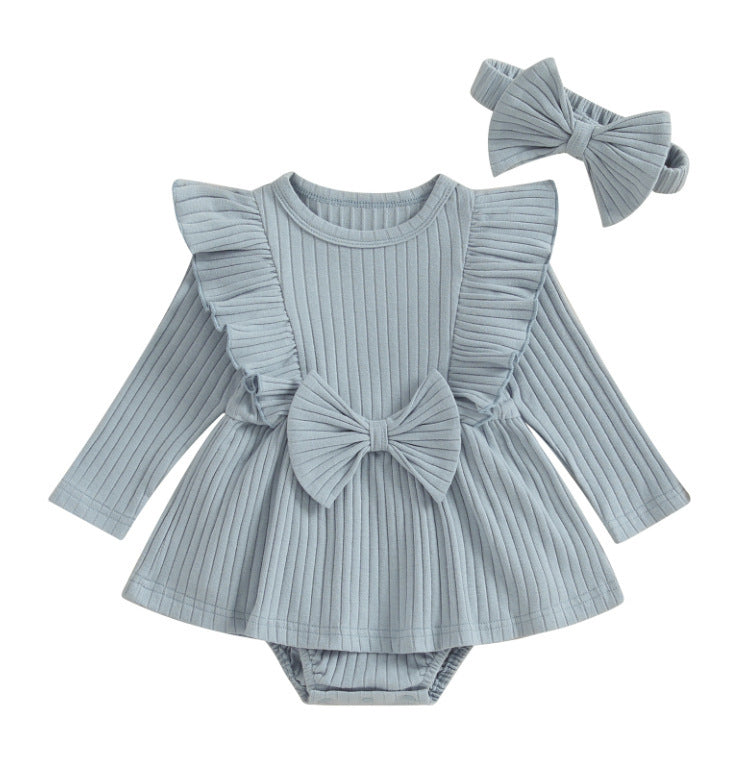Ribbed Long Sleeve Baby Dress Jumpsuit with Bow & Headband