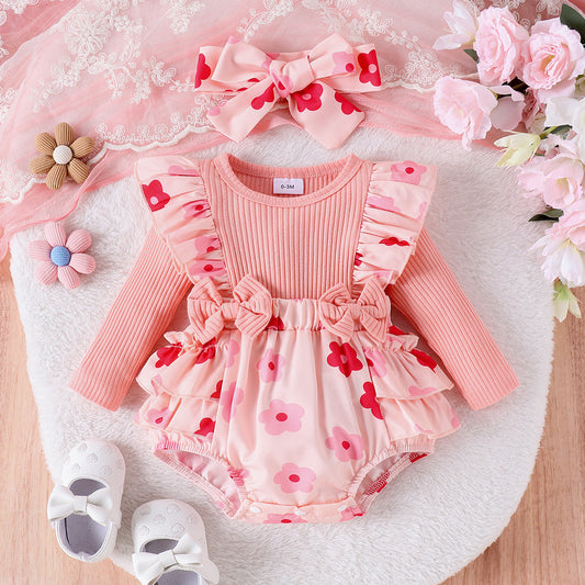 2-Piece Baby Girl Outfit - Romper Pants Bow Headdress Suit