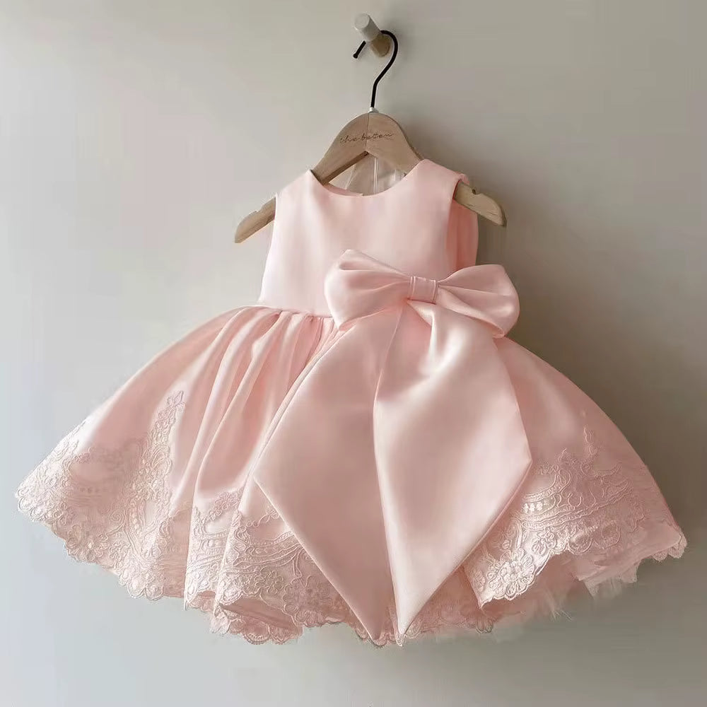Girls 3D Floral Lace Party Dress with Button Back