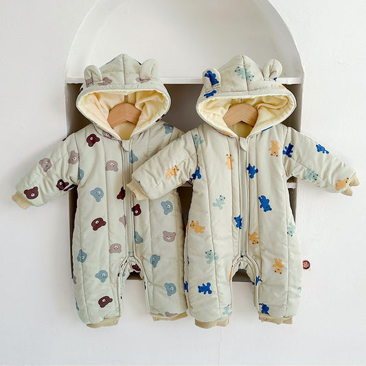 Baby Winter Quilted Romper – Thickened Hooded Jumpsuit with Bear Print