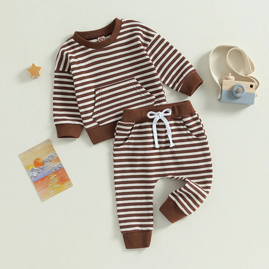 Striped Pocket Sweatshirt Lace-up Sweatpants & Shirt Set