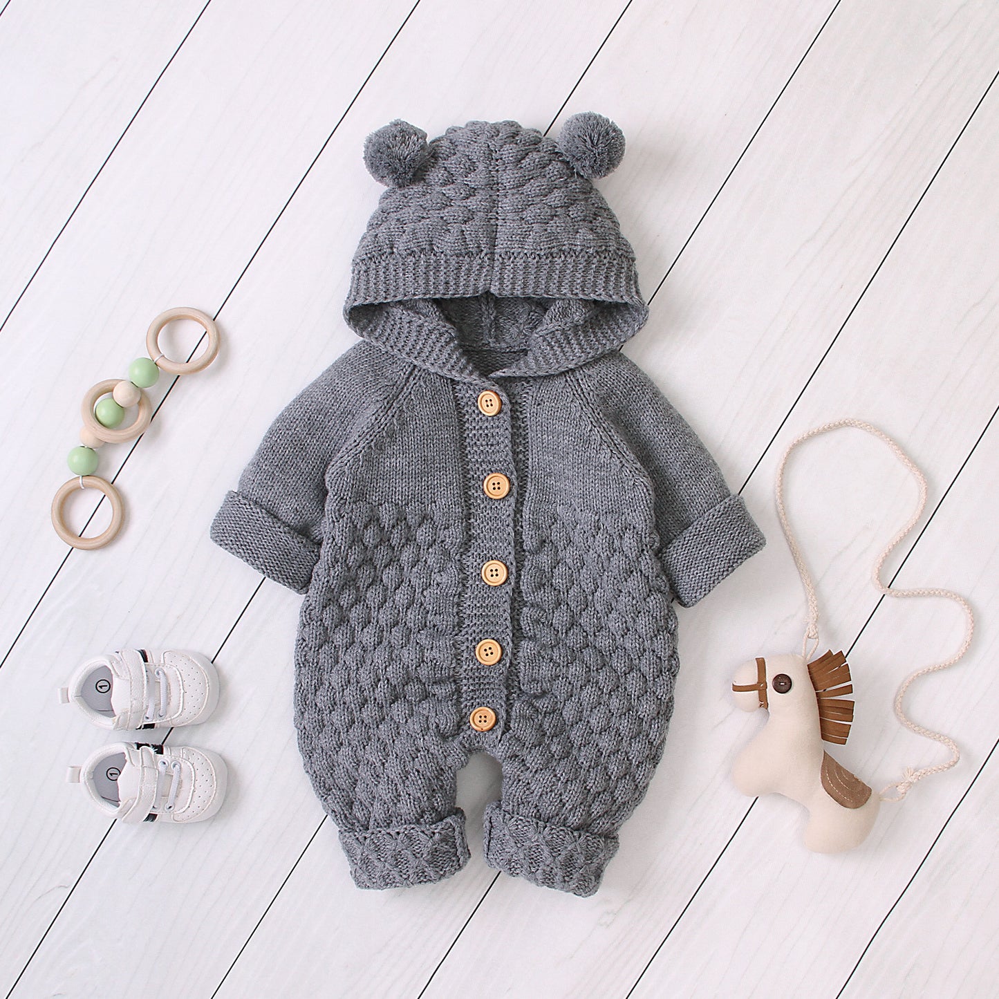 Bear-Ear Knitted Hooded Baby Jumpsuit