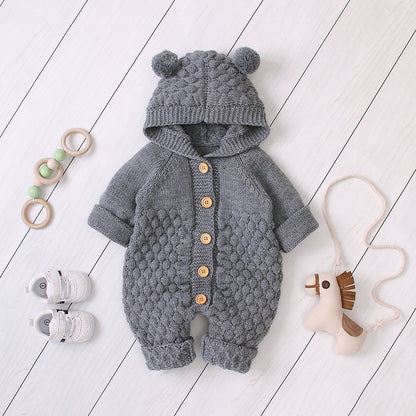 Bear-Ear Knitted Hooded Baby Jumpsuit