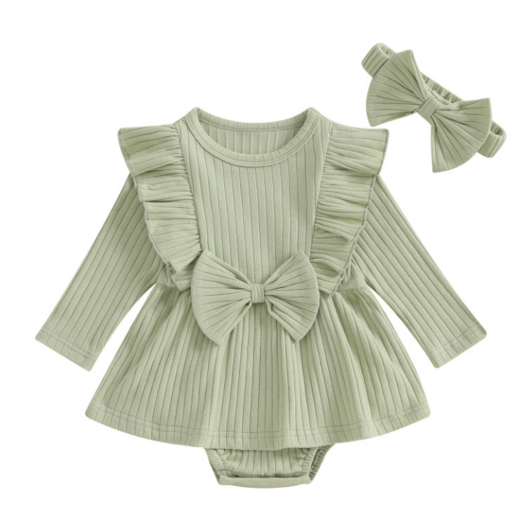 Ribbed Long Sleeve Baby Dress Jumpsuit with Bow & Headband