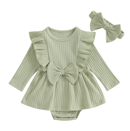 Ribbed Long Sleeve Baby Dress Jumpsuit with Bow & Headband