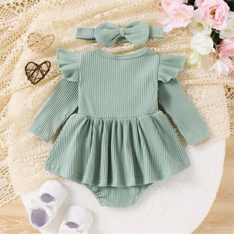 Ribbed Long Sleeve Baby Dress Jumpsuit with Bow & Headband