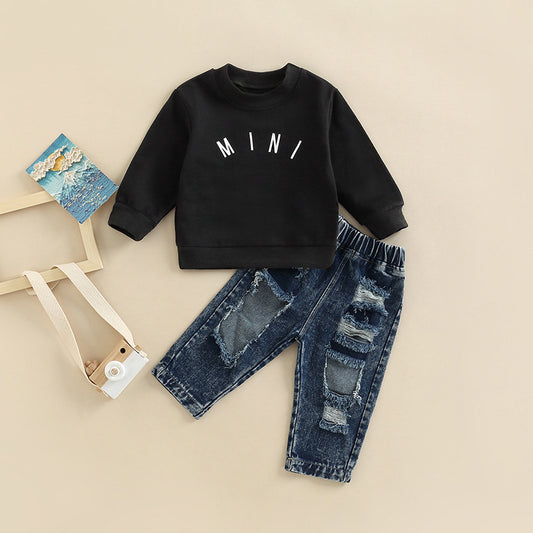 Kids’ Two-Piece Outfit – Sweatshirt & Distressed Denim Pants