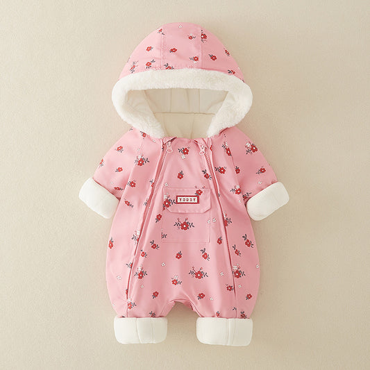 Baby Girl Winter Hooded Jumpsuit – Thick Padded Romper