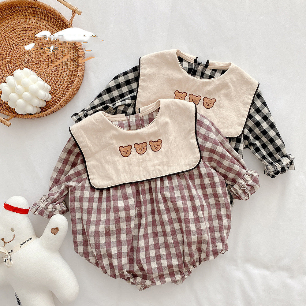 Baby Plaid Romper – Long Sleeve Cotton Outfit with Bear Embroidery