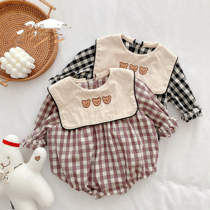 Baby Plaid Romper – Long Sleeve Cotton Outfit with Bear Embroidery