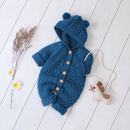 Bear-Ear Knitted Hooded Baby Jumpsuit