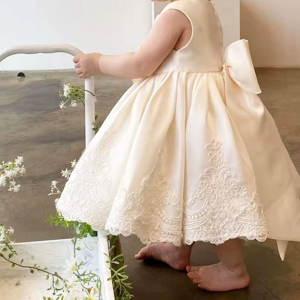 Girls 3D Floral Lace Party Dress with Button Back