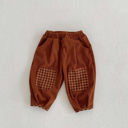 Baby Corduroy Pants – Cotton Trousers with Plaid Patch Detail