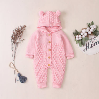 Bear-Ear Knitted Hooded Baby Jumpsuit