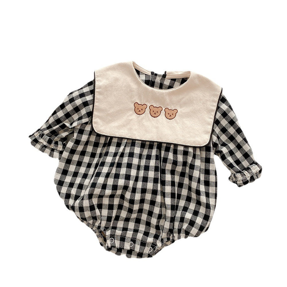 Baby Plaid Romper – Long Sleeve Cotton Outfit with Bear Embroidery