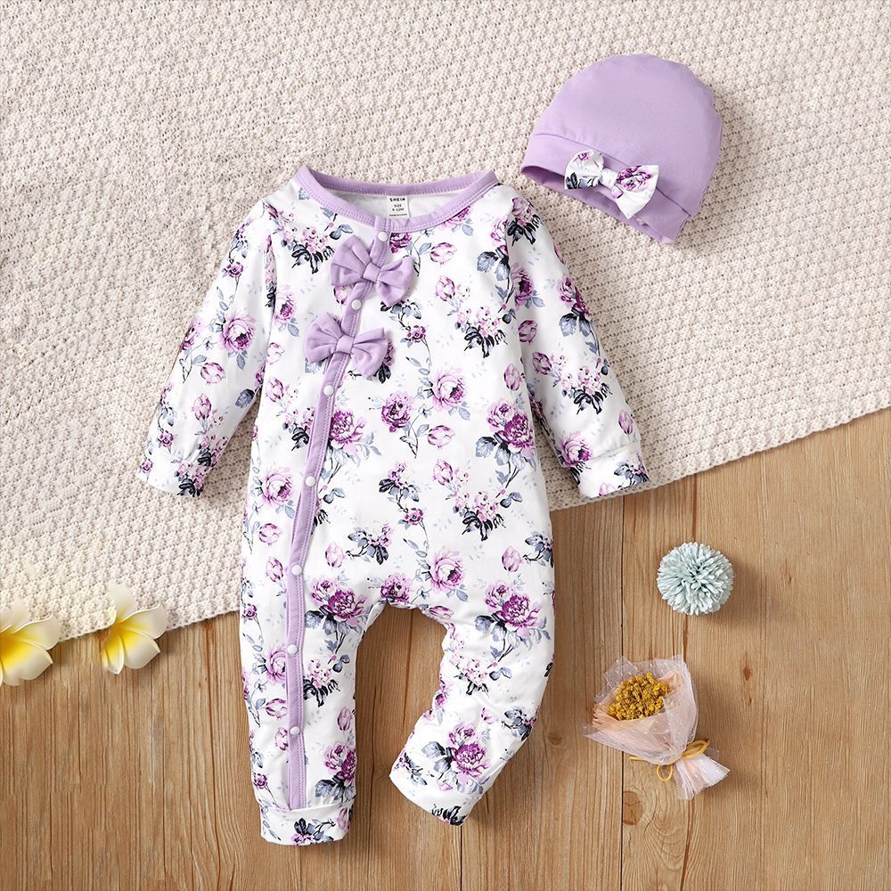 Baby Girl Floral Cotton Jumpsuit with Bows