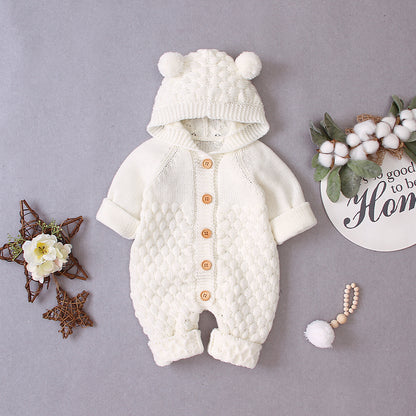Bear-Ear Knitted Hooded Baby Jumpsuit