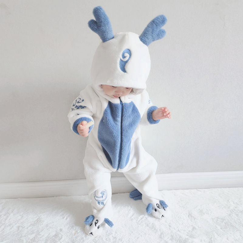 Plush Baby Dinosaur Flannel Onesie – Hooded Jumpsuit with Tail & Antlers